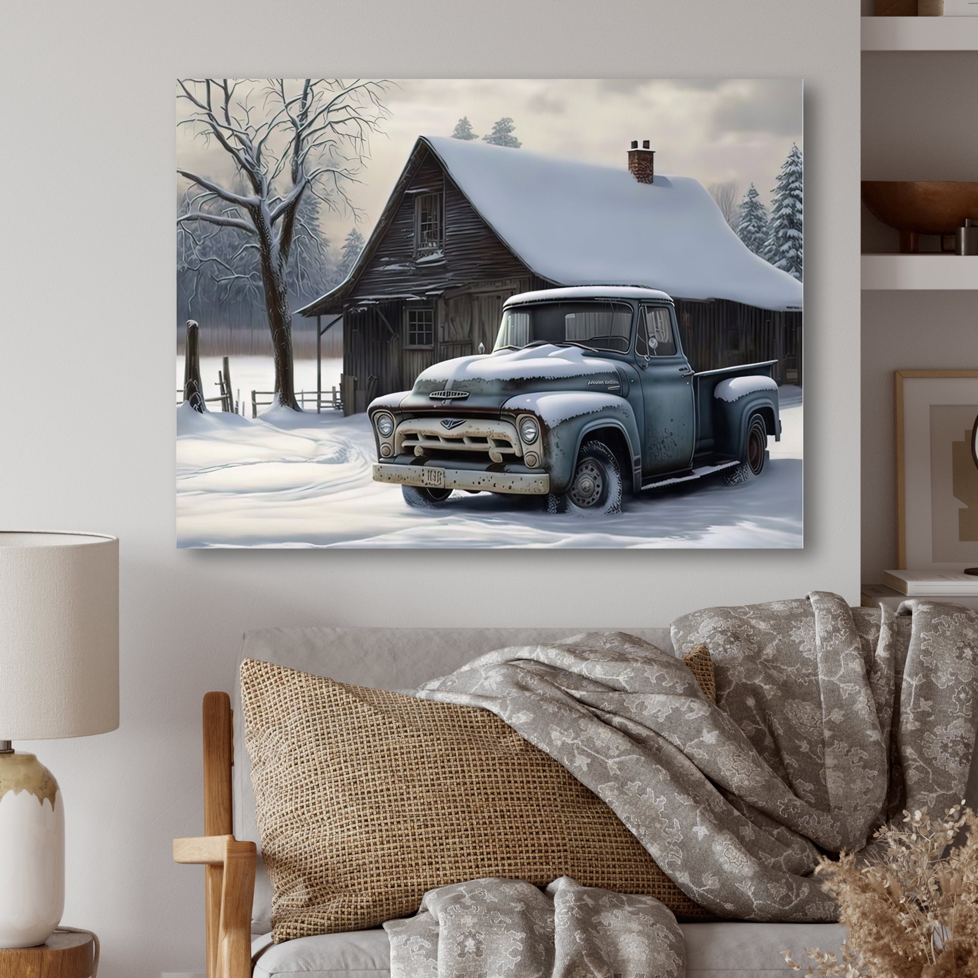 Designart Old Truck At The Barn In Winter III Canvas Wall Art