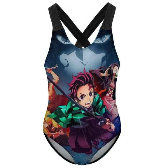 Demon Slayer Swimwear Kids' One-Piece Swimsuit Quick-Dry Cute Printed Girls' Swimwear Bathing Suit for Beach & Pool 6-7Y(110cm)