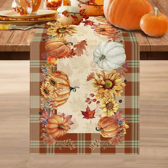 Fall Runner for Table, Fall Leaves Table Runner 13 x 48, Autumn Pumpkin Plaid Leaves Runners for Home Kitchen Dining Decoration