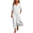 thumbnail image 2 of Ayolanni 3/4 Sleeve Fall Dresses for Women V Neck Babydoll A-Line Maxi Dresses Hawaii Beach Solid Button Down Long Dress with Pockets White M, 2 of 7