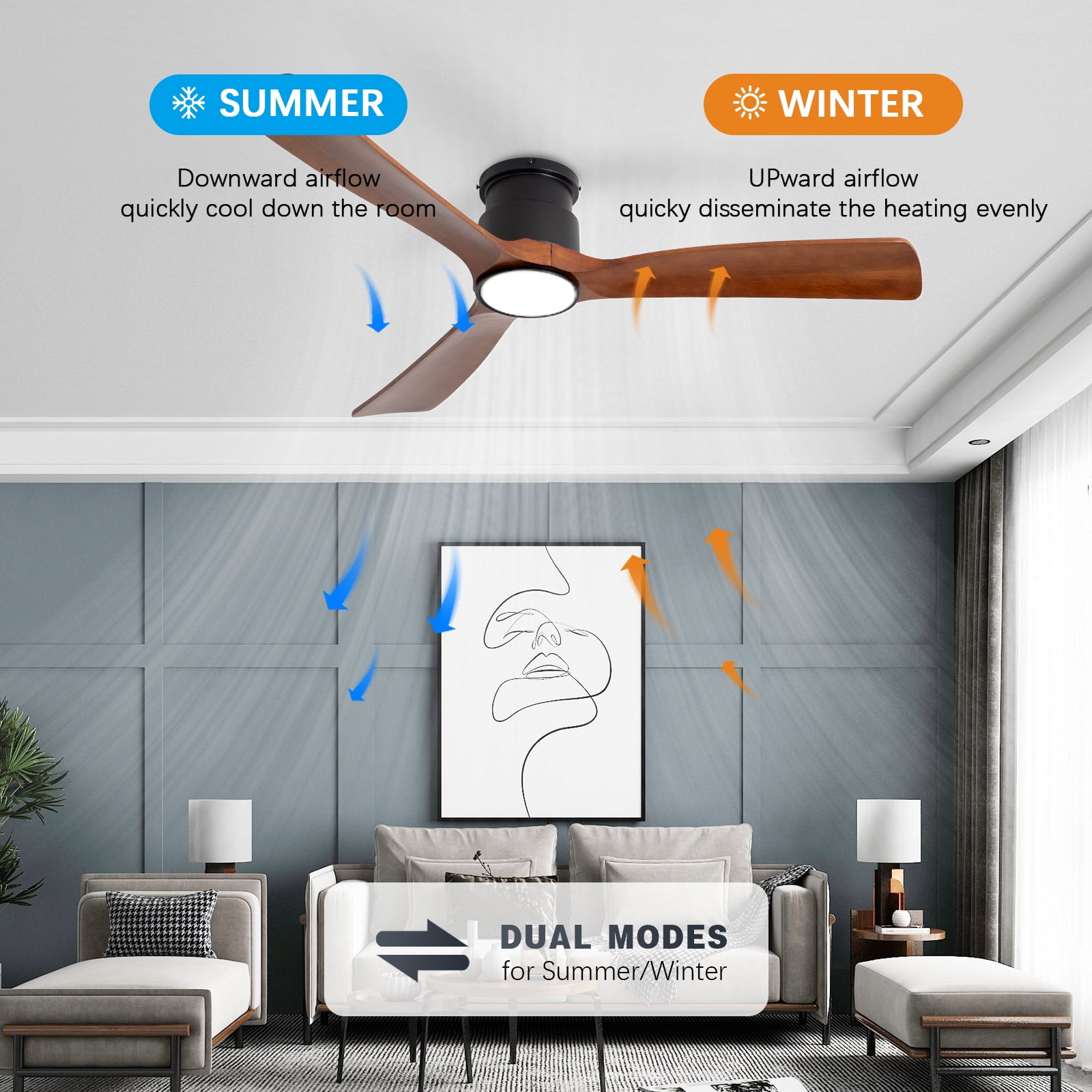 Wozzio 52 Inch Natural Brown Log Recessed Mount Ceiling Fan Light, 22 Watt Tri-Colour Dimmable with Remote Control And Silent Reversible Motor