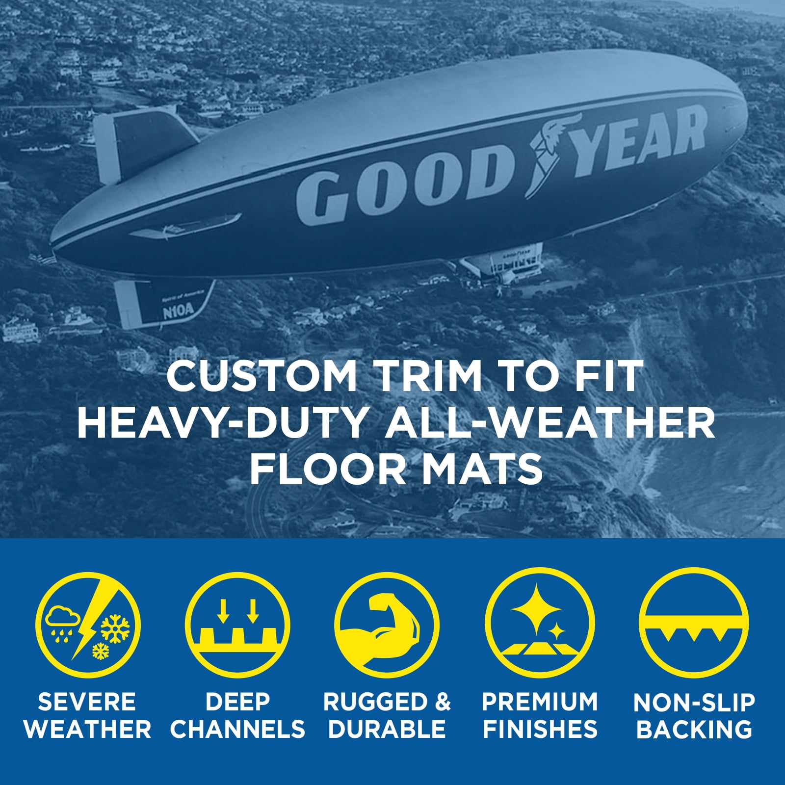 Goodyear 4-Piece Deep Dish All-Weather Rubber Floor Mats – Heavy Duty Waterproof Universal Trim-to-Fit Car, SUV & Truck Floor Liners – Black