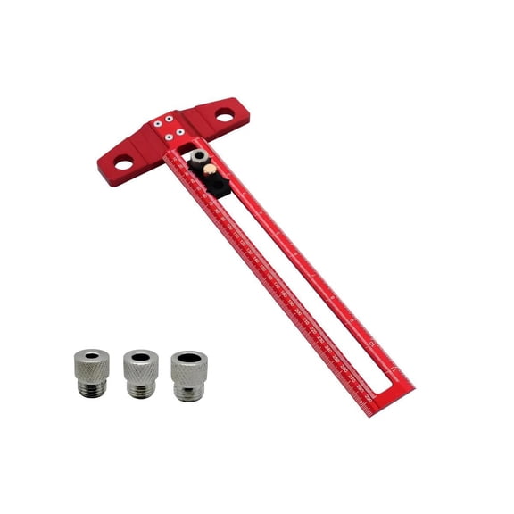 2 in 1 Woodworking Drilling Positioning Scribing Ruler Aluminum T Square Dowelling Jig Metric Inch Scale 6/8/10mm Sleeves