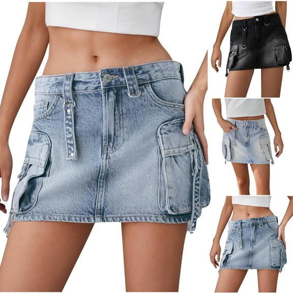THDHVS Denim Skirt,Jean Skirts for Women Denim,Jean Skirts for Women Button Down Hem Casual Summer Stretchy Knee Length Denim Skirt with Pockets Black L