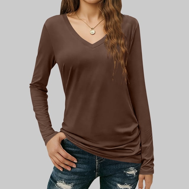TaTaai Long Sleeve V-Neck Drape Blouse, Women's Solid Color Slim T-Shirt, Breathable Stretchy Fabric, Ideal for Multi-Season Daily Date Night Wear Gift