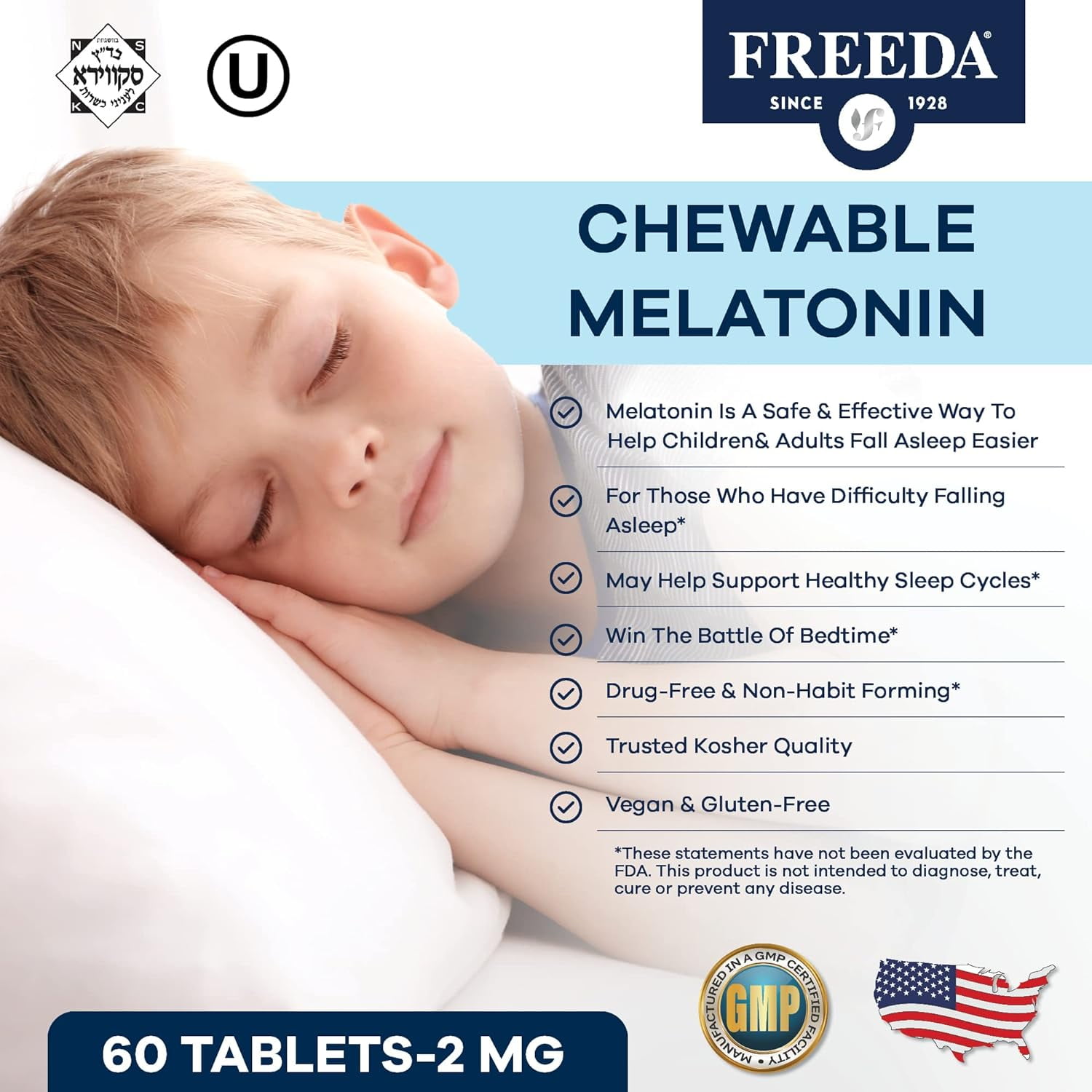 Freeda 2mg Melatonin Chewables Natural Sleep Aid Vegan Supplement Tablets for Kids and Adults, 240 Count