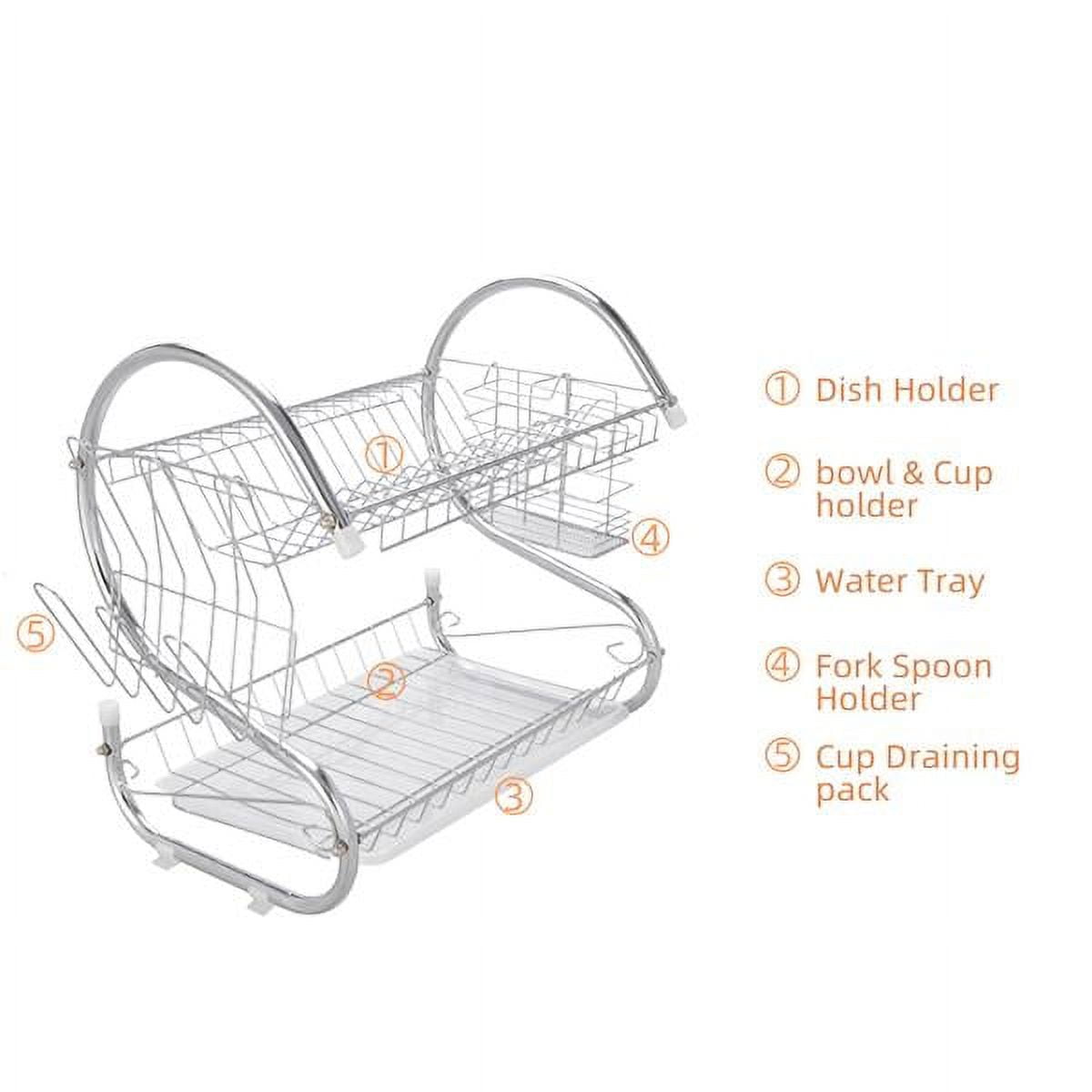 2-Tier Dish Drying Rack with Utensil Holder and Cup Holder with Dish Water Drain Board Tray Rustproof Chrome Plating