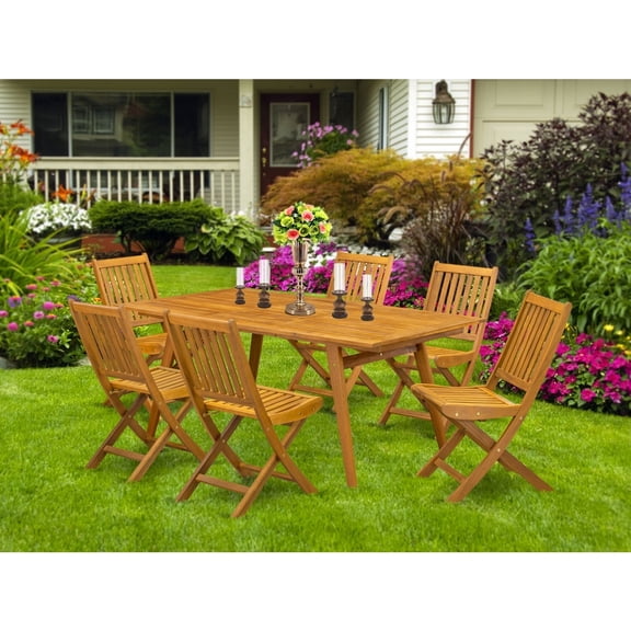 7-Piece Patio Furniture Set - Outdoor Table with 6 Folding Chairs - Natural Wood Finish