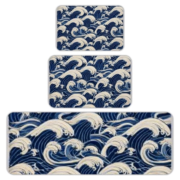 RKSupls Kitchen Rug Set 3 Piece Anti-Slip Flannel Floor Mats, Ocean Waves Pattern Washable Absorbent Runner Mats for Kitchen Bathroom Home Decor
