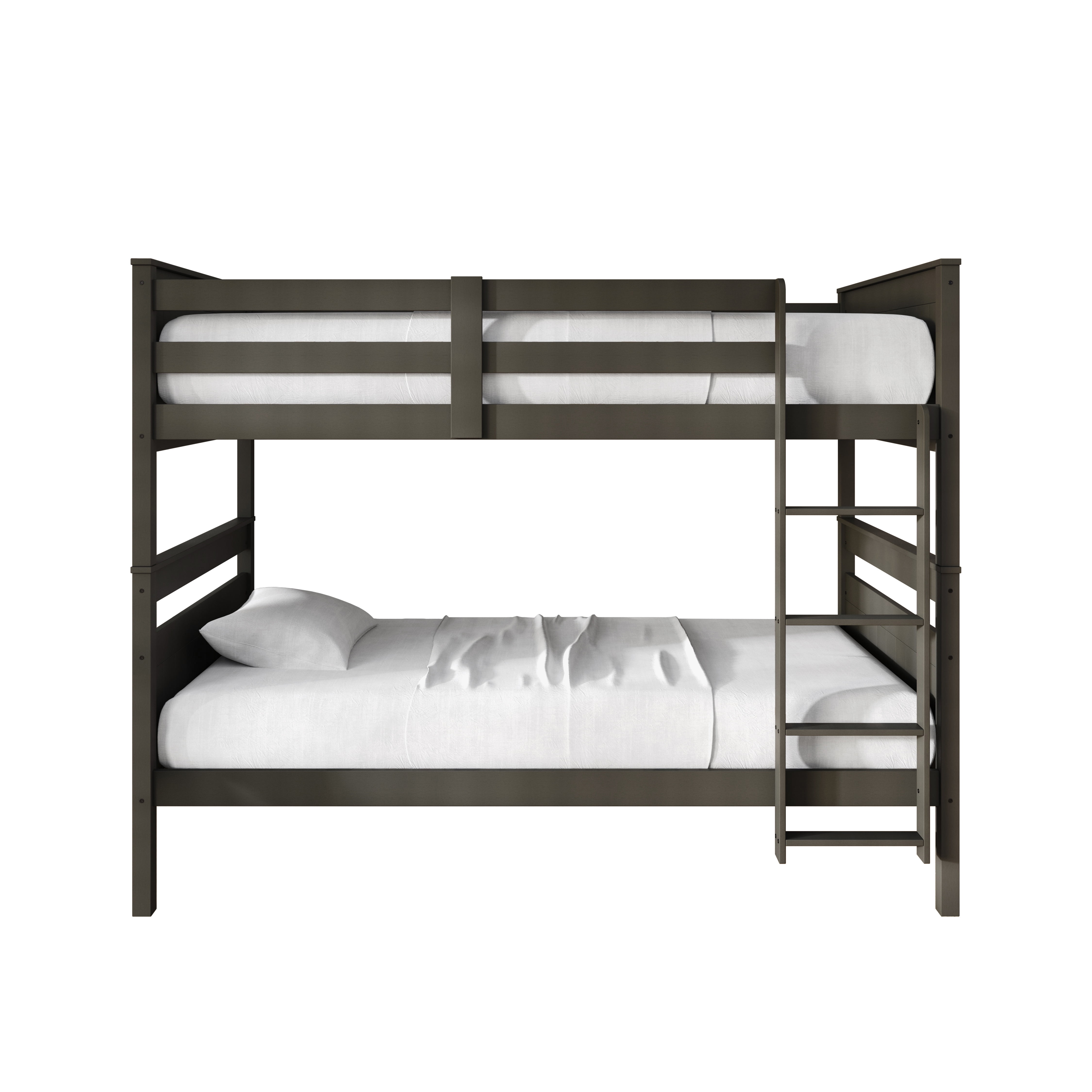 Home Design Lorain Twin Over Twin Solid Wood Bunk Bed with Sturdy Guardrails and Ladder, Dark Gray, Easy Assembly