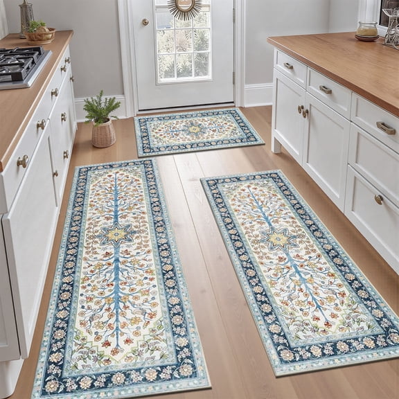Findosom 3pcs Washable Kitchen Rug Set,Non-Slip Floral Boho Kitchen Mats Kitchen Runner Rug Floor Carpet for Hardwood Floor,Sink,Entryway,Bathroom,Home Decor,20"x32" 20"x48" 20"x59"