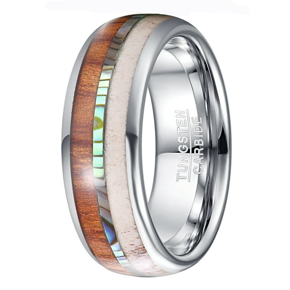 8mm Tungsten Wedding Ring Deer Antler Abalone Shell and Koa Wood Inlay Dome Polished Comfort Fit Size 7-12