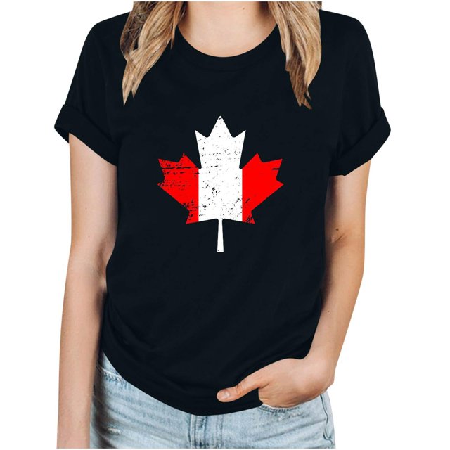 FAIWAD T-Shirt d'Été pour Femmes Fête du Canada Léger à Manches Courtes Col Rond T-Shirts Hauts Imprimé Graphique Blouses de Détente Basiques