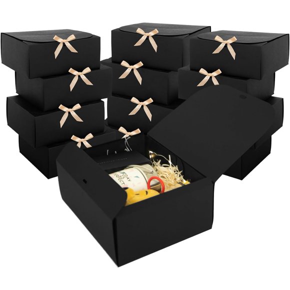 Cajas de Regalo LWYMX Paquete de 12 en Negro con Tapa y Listón 23x15x10 cm