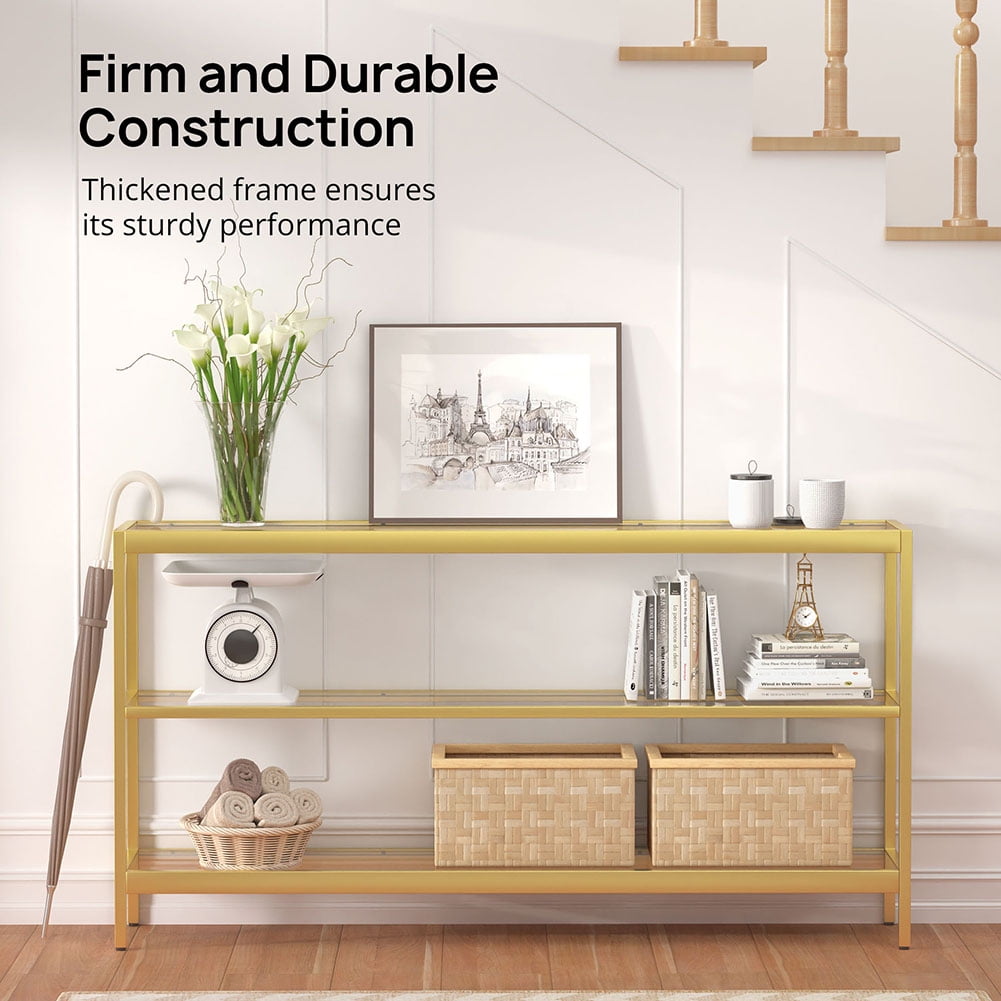 Resenkos Console Table with 3 Tiers, 35” Hallway Entryway Table with Metal Frame, Open Sofa Table with Tempered Glass for Living Room, Entrance, Yellow