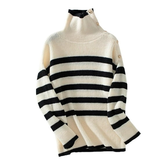 Sevevn Women's 2025 Fall Winter Long Sleeve Knit Sweater Turtleneck Striped Loose Pullover Tops Deco with Metal Buttons