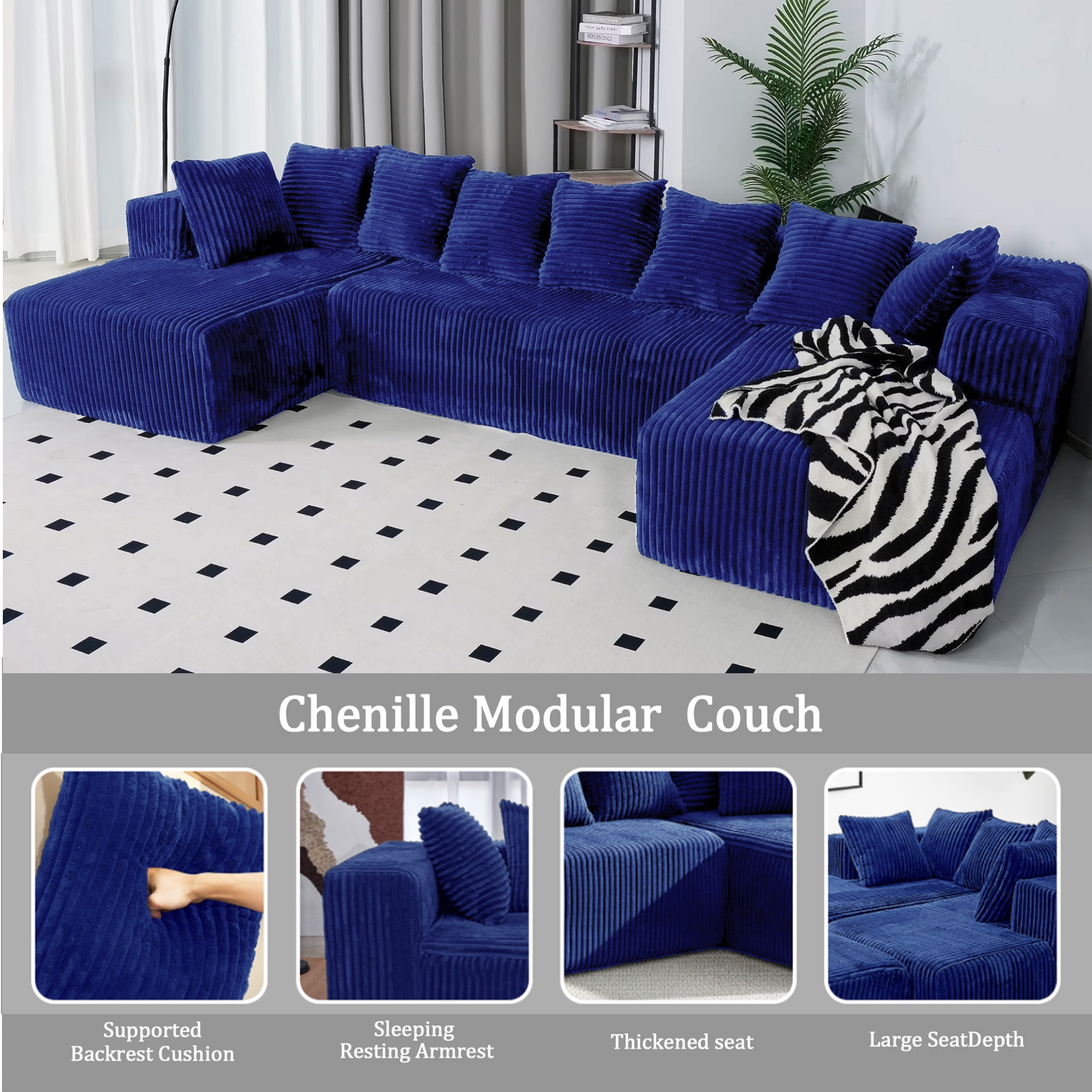 SOULART 130" Blue U L-Shaped Modular Cloud Couch, Sectional Sofa with Chaise – No Assembly, 5-Seater, Corduroy ，Boneless sofa,