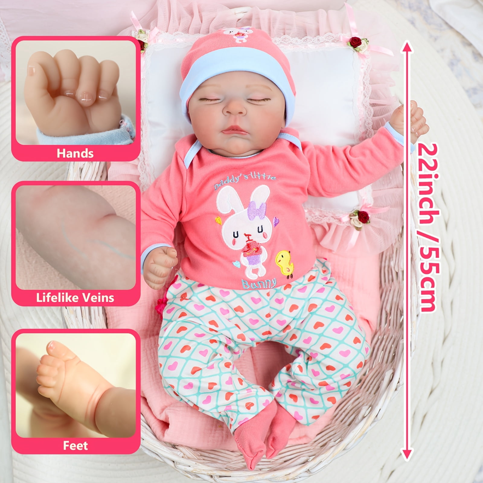22 Inch Reborn Baby Doll, Realistic Sleeping Newborn Doll, Soft Cloth Body With Accessories, Lifelike Baby Doll Toy Gift For Kids Age 3+ Christmas Present