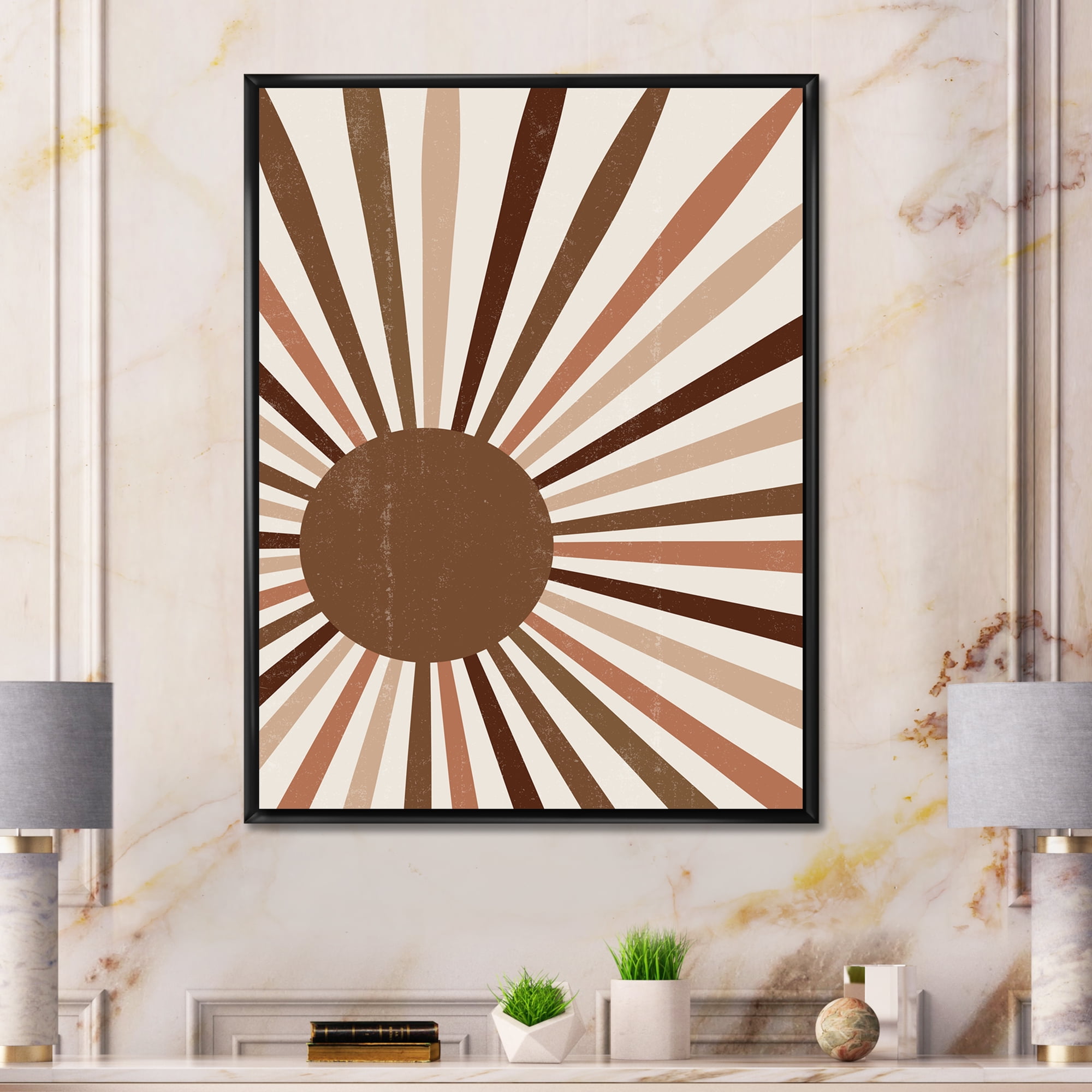 Designart 'Bright Minimalist Shining Terracotta Sun Rays' Modern Framed Canvas Wall Art Print