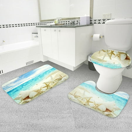 Non Slip Pad Cover 3Pcs Bathroom Washroom Toilet Lid Cover + Floor Pedestal Rug + Non-slip Pad Mat Carpet Set Anti-Slip Floor Carpet Home Decor ()