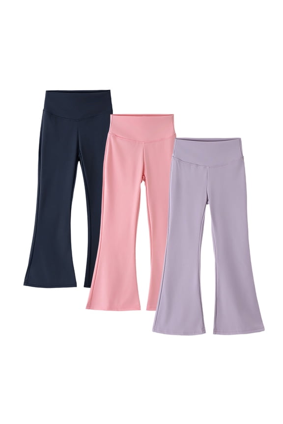 3 Pack Girls Flare Leggings Soft Stretch Spandex High Waisted Yoga Casual Bell Bottom Bootcut Pants (4 Years, Black/Pink/Purple)