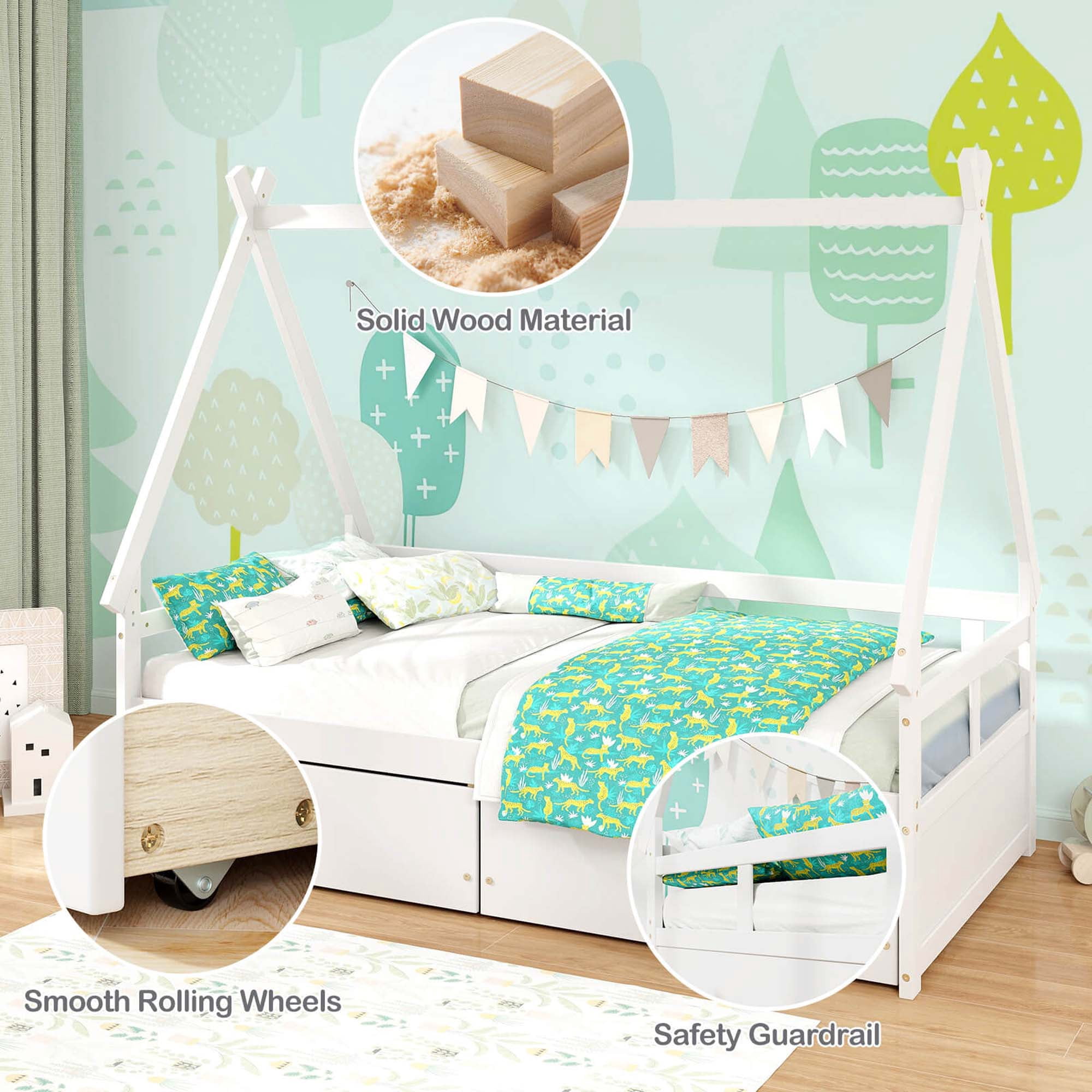 Costway Twin Size House Bed with Roof Safety Guardrail 2 Storage Drawers Wood Slat Support White