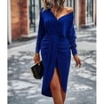 thumbnail image 2 of Vestido largo de manga larga con escote en V cruzado para mujer, elegante, de color liso, con dobladillo fruncido, ajustado, ideal para cócteles y fiestas., 2 of 5