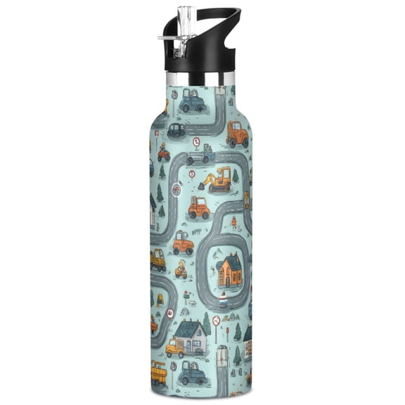 ALAZA Cartoon Truck Excavators Pattern Stainless Steel Water Bottle Vacuum Insulated Leak-Proof Tumbler with Straw Handle 20oz