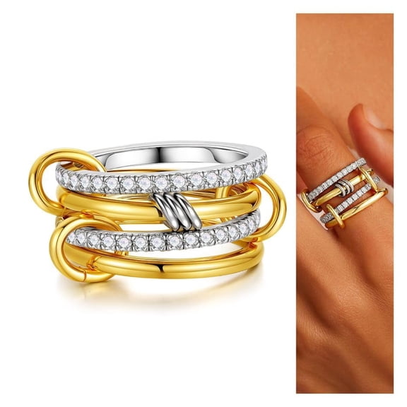 Turandoss Gold Plated Stackable Rings for Women, 14K Gold Plated dainty Interlocked Statement pretty Silver Gold Mixed Metal Ring Cubic Zirconia Band Ring for Women Teen Girls Jewelry Gifts