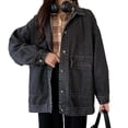 thumbnail image 5 of Women Denim Jacket Retro Single-breasted Loose Turn-down Collar Long Sleeves Solid Color Pockets Plus Size Lady Coat Commuting Shopping Jacket, 5 of 8