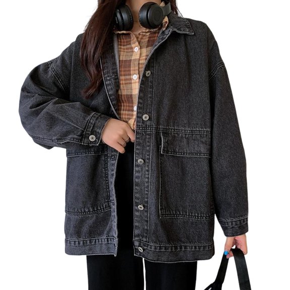 Women Denim Jacket Retro Single-breasted Loose Turn-down Collar Long Sleeves Solid Color Pockets Plus Size Lady Coat Commuting Shopping Jacket