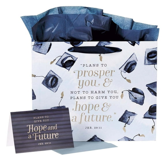 Navy Grad Landscape Gift Bag, Card, Tissue Paper Hope & Future Jer. 29:11, Large