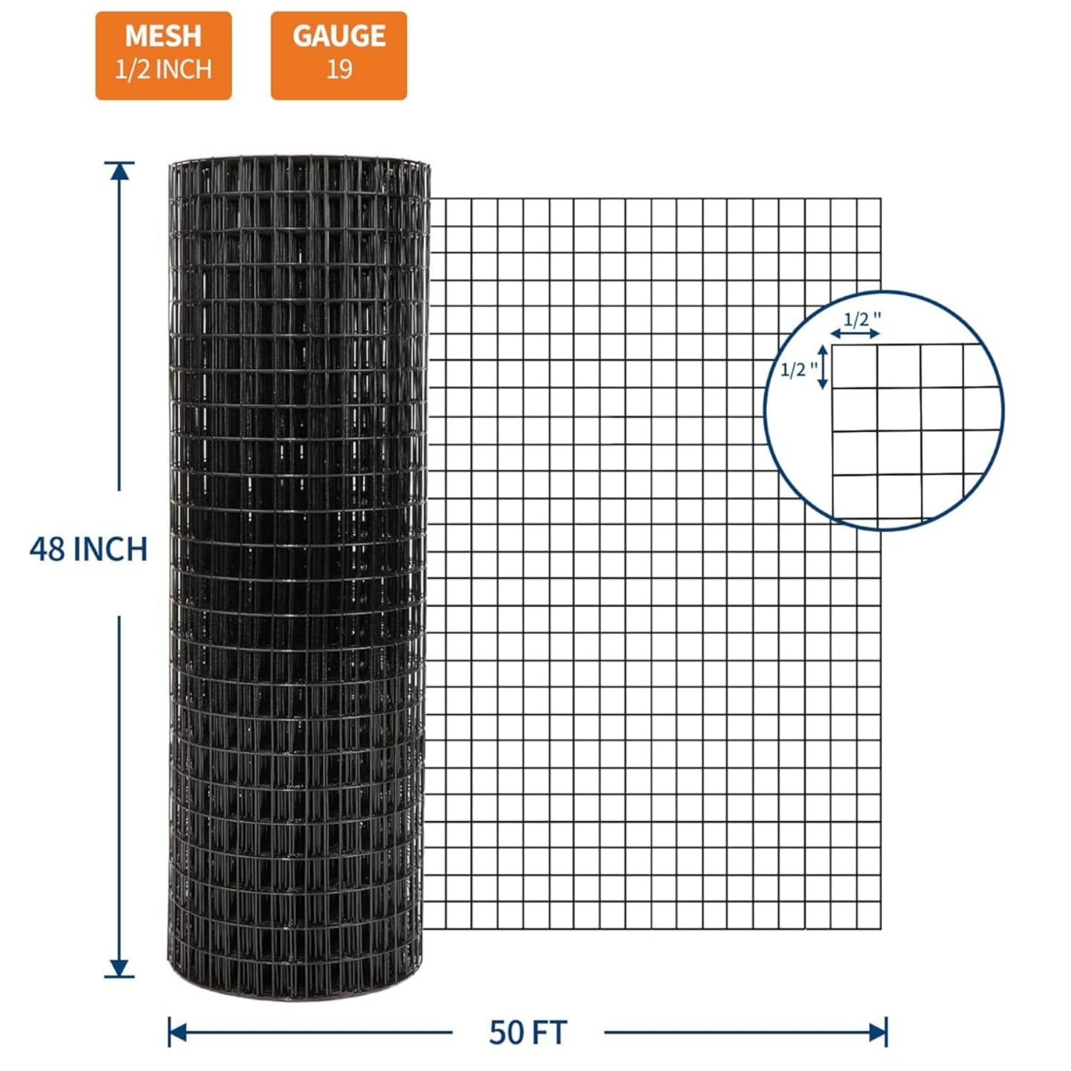 Riedhoff Hardware Cloth Fences, 19 Gauge, 1/2" Square Mesh Roll, 48" x 50', Black
