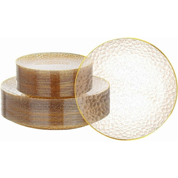 60Pcs Clear Gold Plastic Plates, Gold Glitter Disposable Plates, Hammered Plastic Plates Included 30 Dinner Plate And 30 Dessert Plate for Weddings Party Birthday
