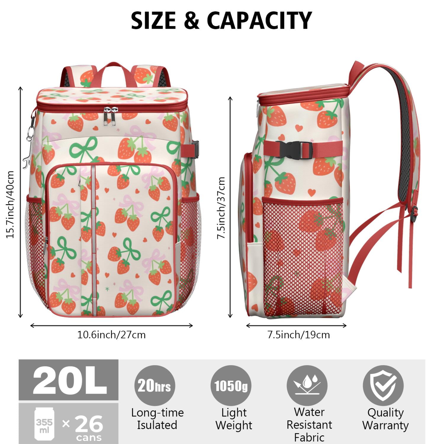 Strawberry Bow Cooler Backpack Insulated Waterproof Leak Proof Insulated Cooler Backpack Lightweight Lunch Picnic Camping Backpack Cooler for Men Women