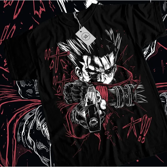 VINTAGE Trigun T-shirt Vash The Stampede Moon Funny COMEDY Anime Manga Gift Black Shirt