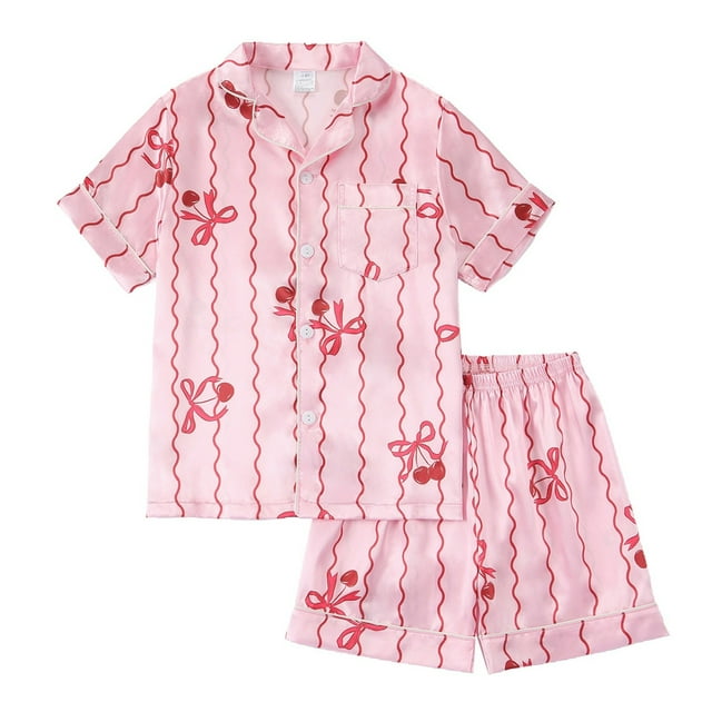 Girls Satin Pajama Short Sleeve Top With Button Front Comfortable Shorts Soft Silk Like Sleepwear Kids