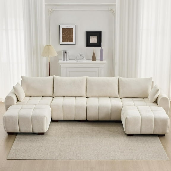 143" Oversized Chenille U-Shaped Sectional Sofa with 2 Ottomans, Cloud-Like Modular Couch with Memory Foam and Solid Wood Legs, Modern Tufted Living Room Sofa, Beige
