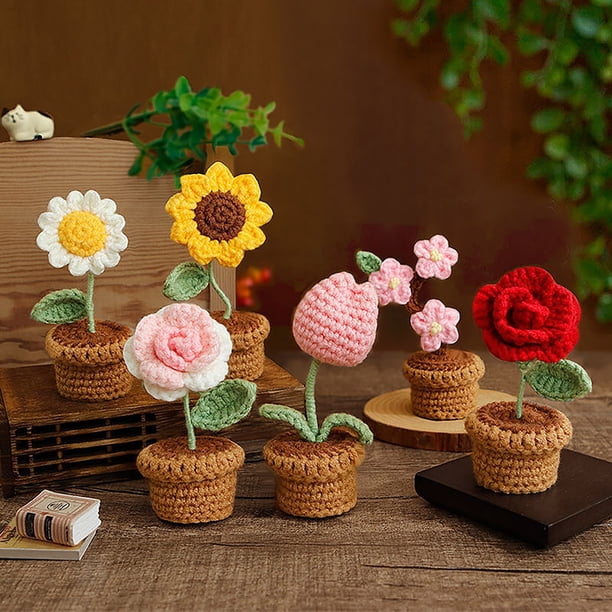 onlyliua ¡ ¡Promoción de Temporada! Flores Tejidas a Mano, Flores Tejidas En Macetas, Rosas Tejidas a Crochet, Decoraciones de Oficina con Flores Simuladas Hechas a Mano, Productos de Lana Terminados