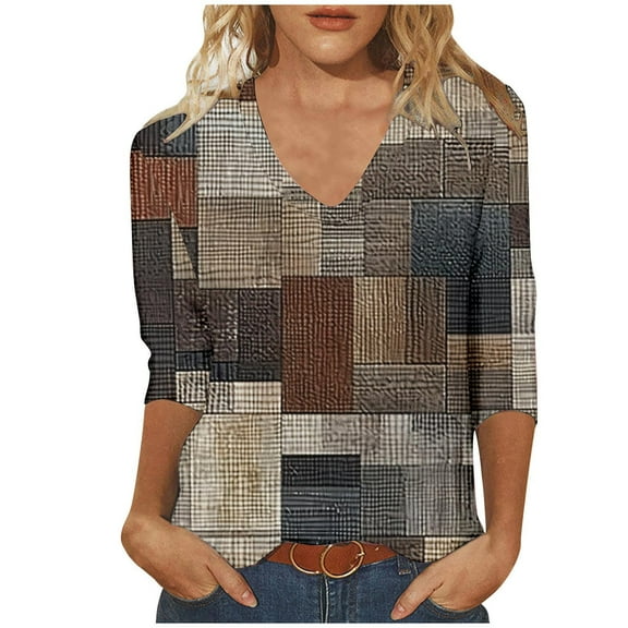 BangWanChi Shirts for Women Dressy Casual Fashion Woman Casual V Neck Printing Blouse 3/4 Sleeve T-Shirt Summer Tops