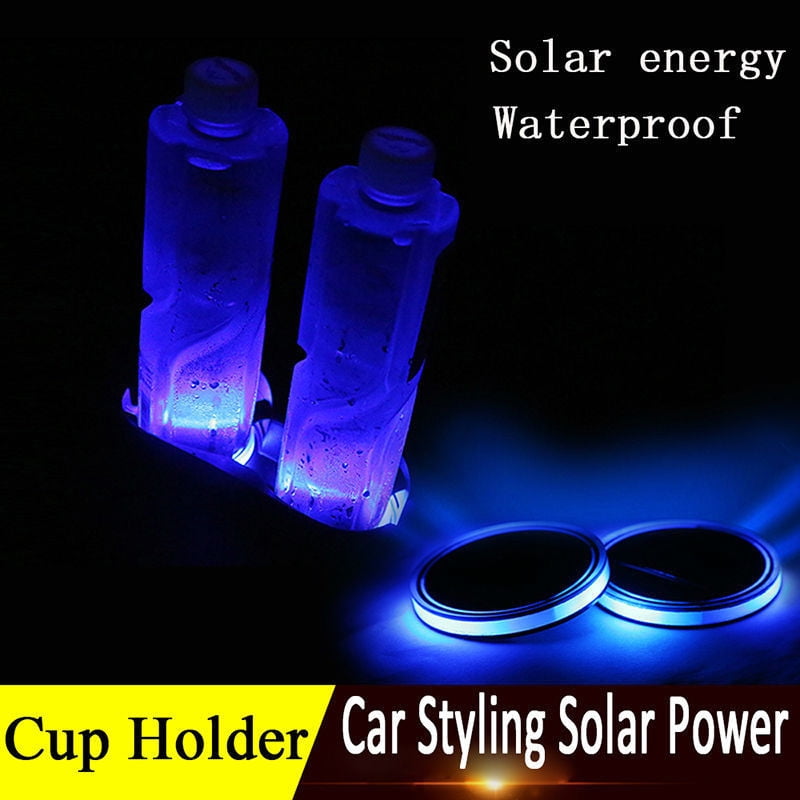 LED Light Cup Holder Bottom Pad Mat Interior Decoration Cars Solar Car Drink Holders Blue 2 Pack 