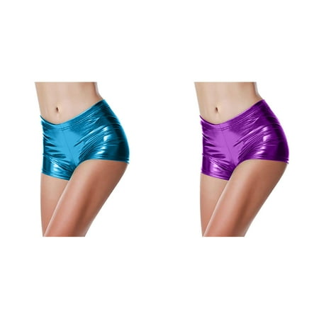 Lojoutye 2 Pack(Blue 1PCS & Purple 1PCS) Multipack Women s Shorts Pajama Set Short Waist Panty Dance Rave Shorts High Glossy Women s Trousers Pants