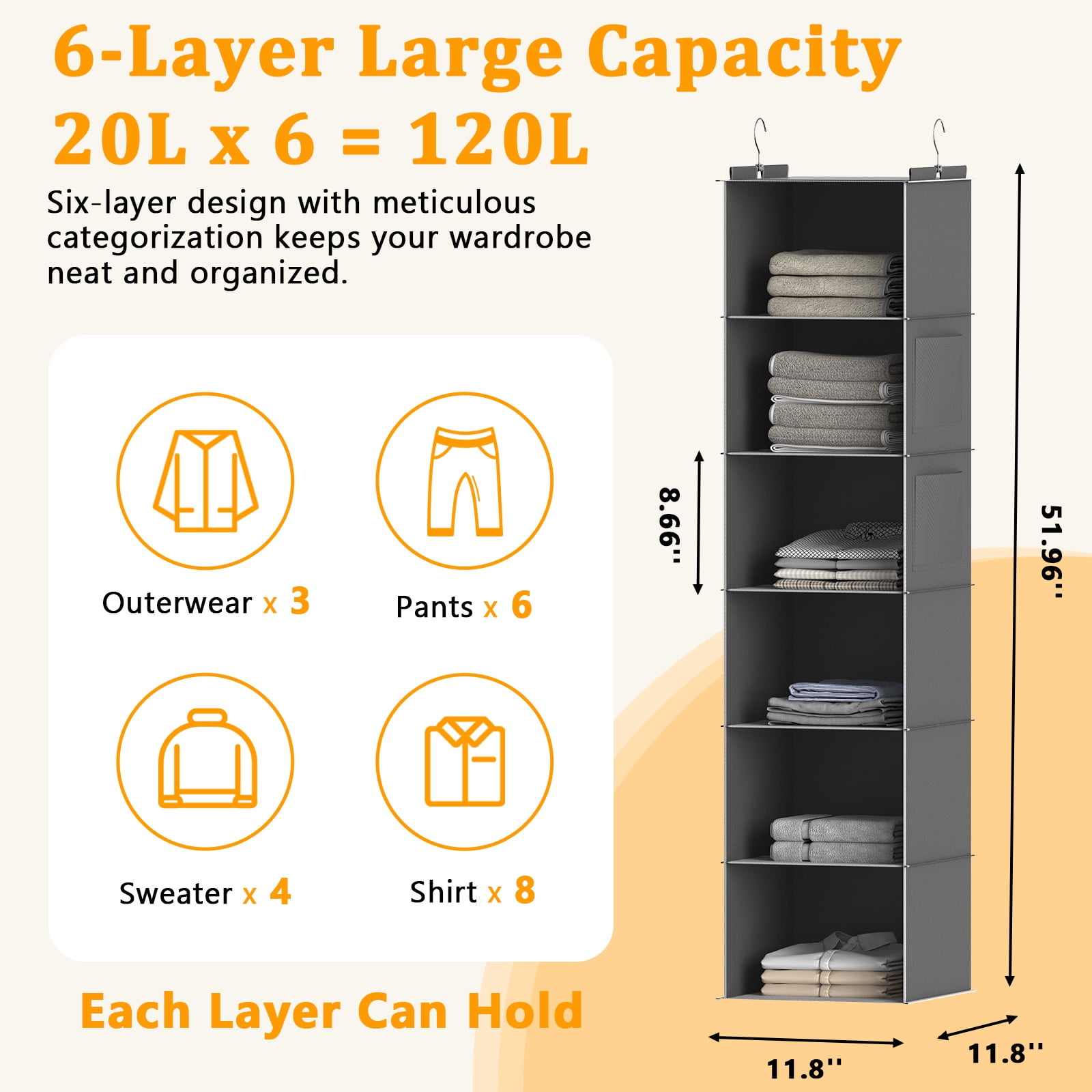 Closet Hanging Storage Shelves, 6-Shelf Hanging Closet Organizer with Bamboo Inserts, Foldable Closet Organizers and Storage for Bedroom,Sturdy Hook Closet Storage W/ 2 Side Pockets,Gray