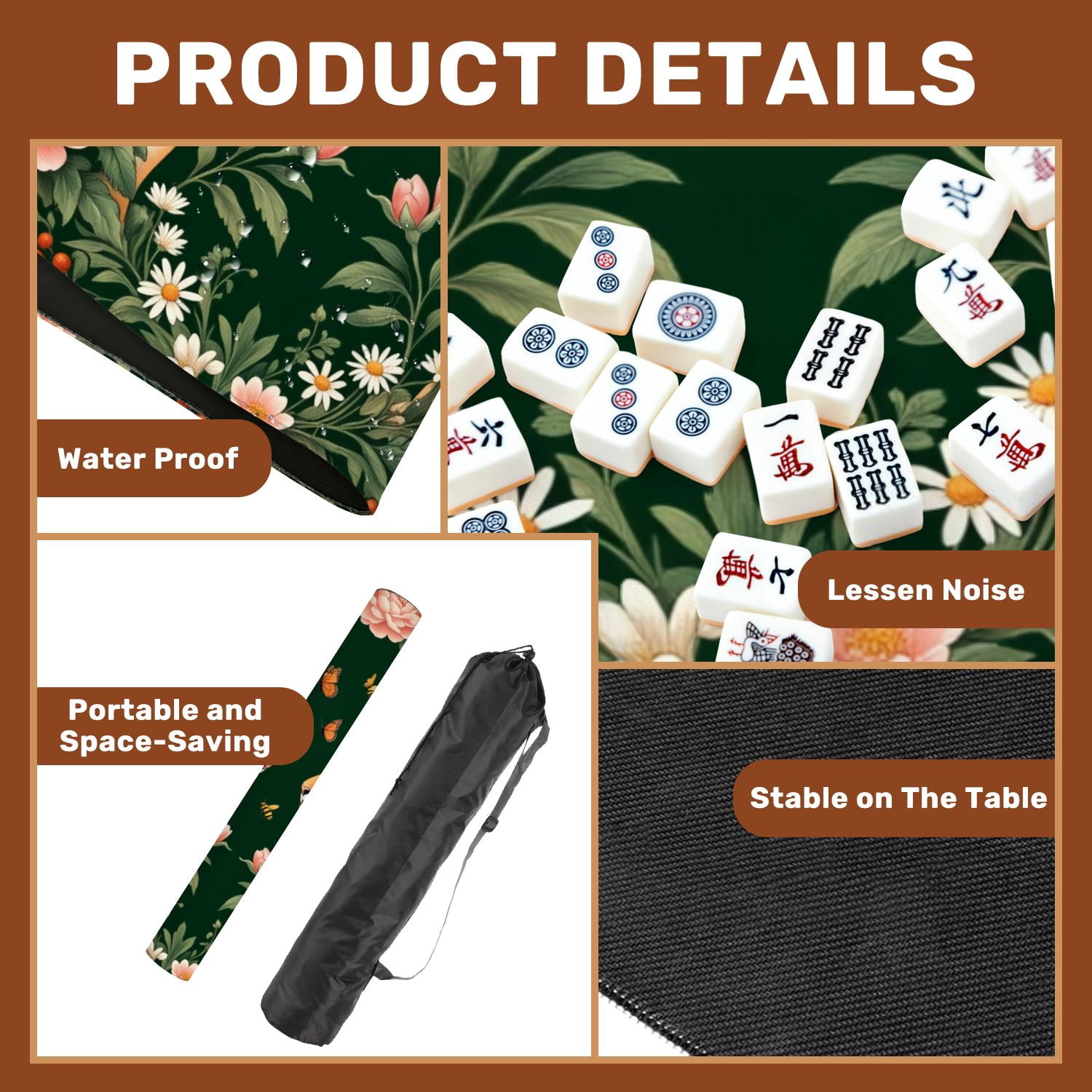 Mahjong Mat 31.5" x 31.5" Pair Tigers Blue Bows Surrounded by Colorful Flowers Butterflies Non-Slip Noise Reduction American Mahjong Tiles Table Cover for Dominoes Poker Card Board Games Gift