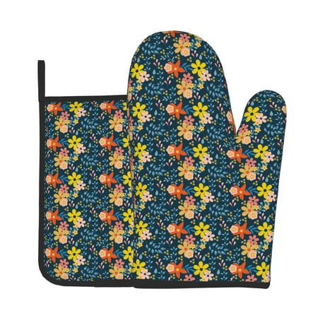 

Zeuib Blue Floral Print Oven Mitt & Pot Holder Set 2-Pack Kitchen Gloves and Hot Pads for Cooking BBQ Grilling Baking