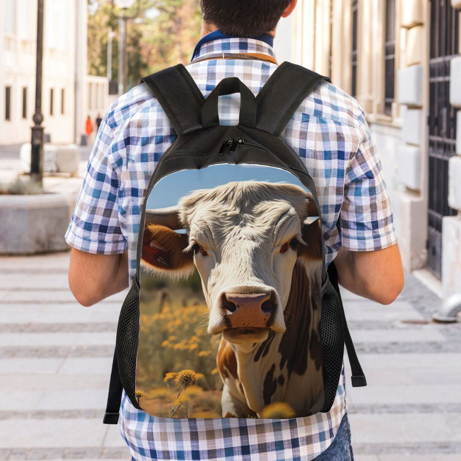 Xecao Countryside Flower Cow Print School Backpack with Laptop Compartment Small Travel Laptop Backpack for Women Men Waterproof College Backpack Simple School Bag