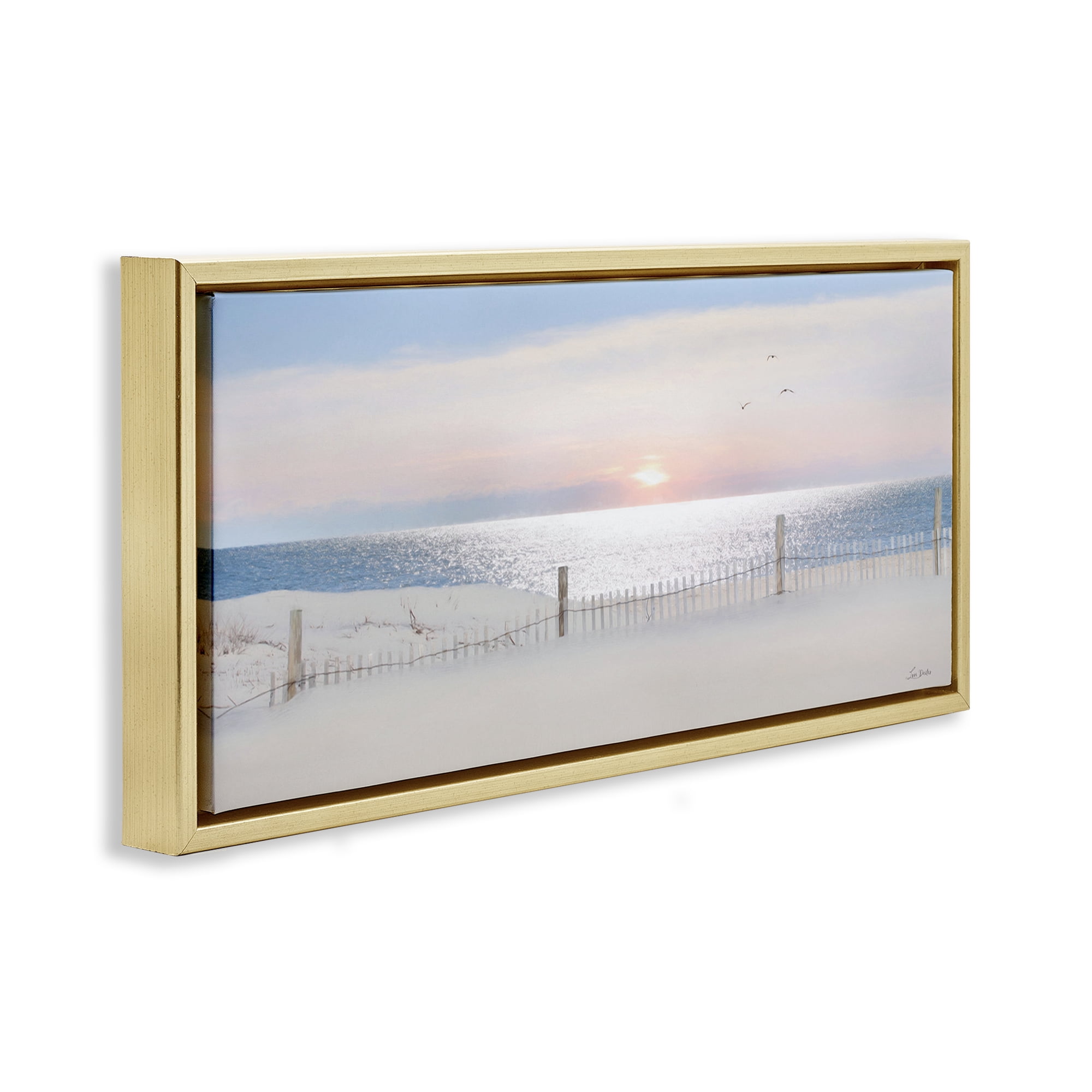 Stupell Industries Fence Along Shore Landscape Photography Gold Floater Framed Canvas Art Print Wall Art, 25 x 11