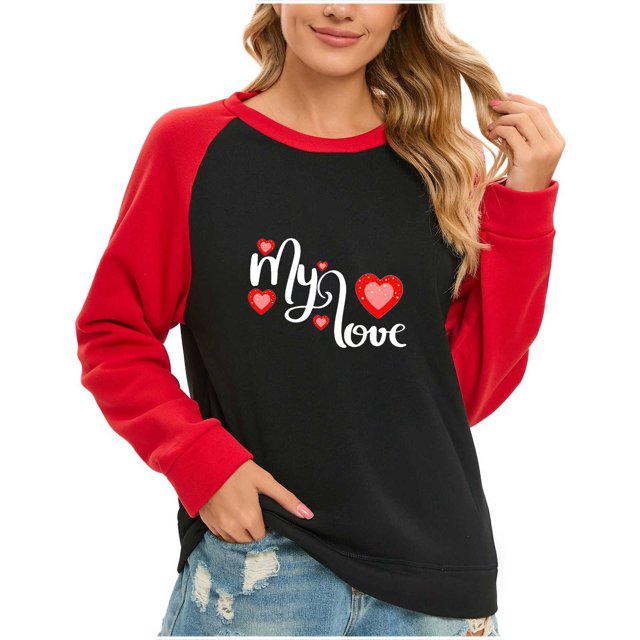 VALMASS Chandails Surdimensionnés de la Saint-Valentin pour Femmes Manches Raglan Col Rond Hauts Décontractés Amples Imprimés Chandail Blouses (2TG, Noir)
