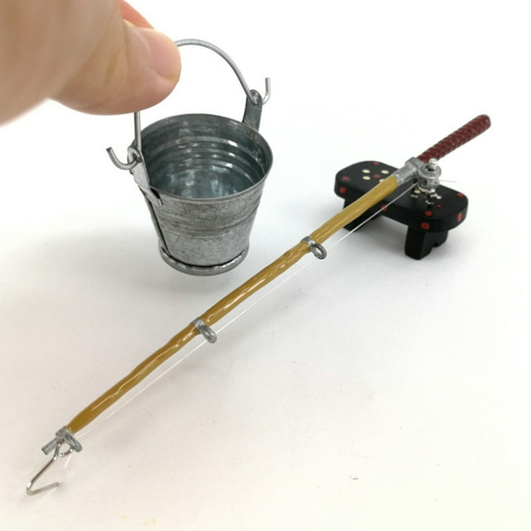 1/12 Miniature Alloy Fishing Rod + Set Dollhouse Yard Accs