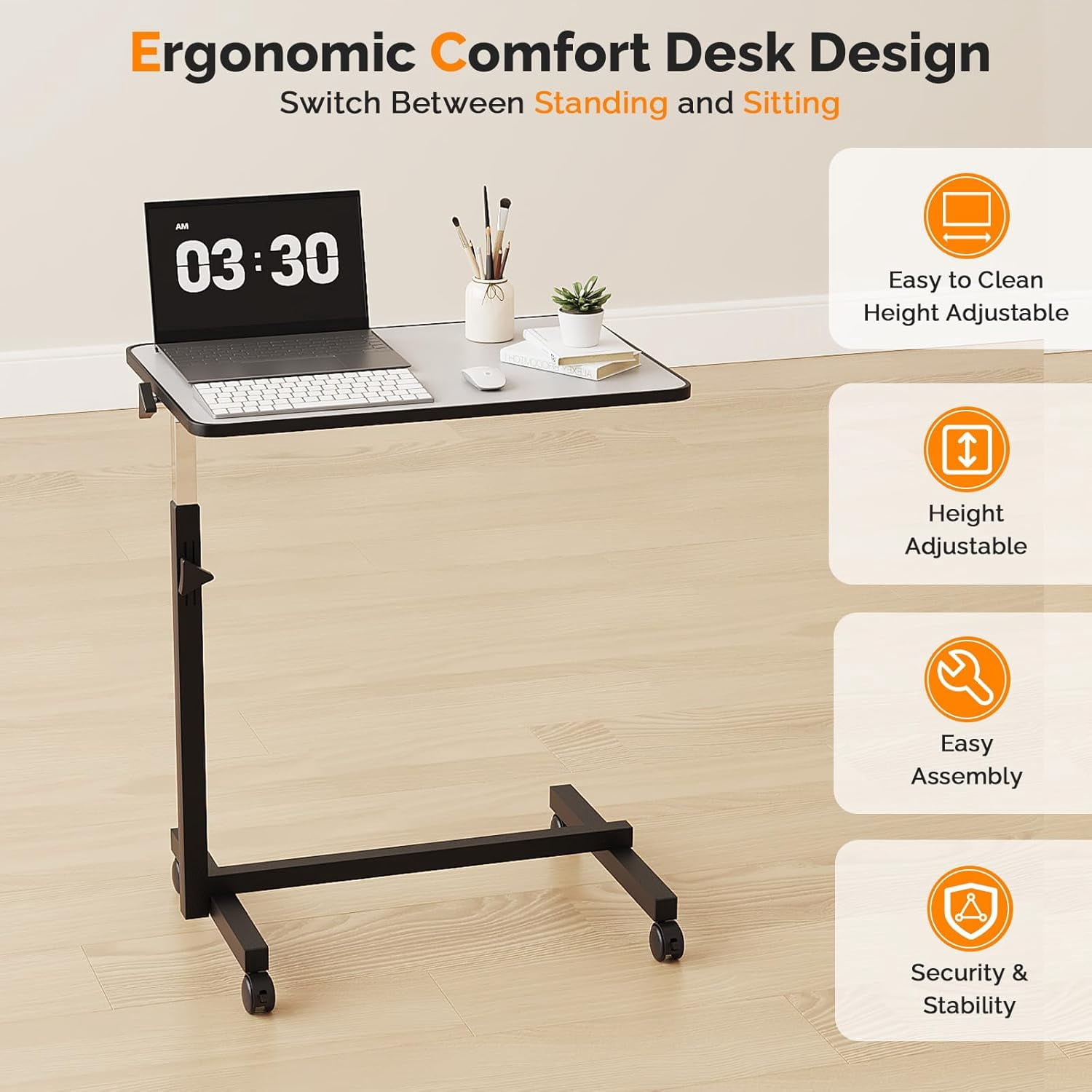 Yunken 23.6 Inch Rolling Adjustable Multifunctional Lifting Computer Desk, Tilting Desktop, Sit Stand Laptop Desk TV Tray for Bed Sofa Hospital Reading Eating, Silver